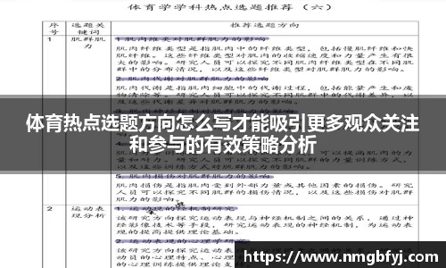 体育热点选题方向怎么写才能吸引更多观众关注和参与的有效策略分析